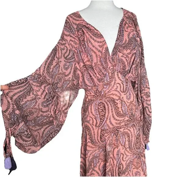 Free People Mirage Long Sleeve Maxi Dress Peach Pink Paisley Size 6 Boho Hippie - Picture 6 of 13